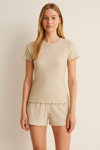HNX Ecru Cotton Corduroy Short Sleeve T-Shirt and Shorts Women's Pajama Set