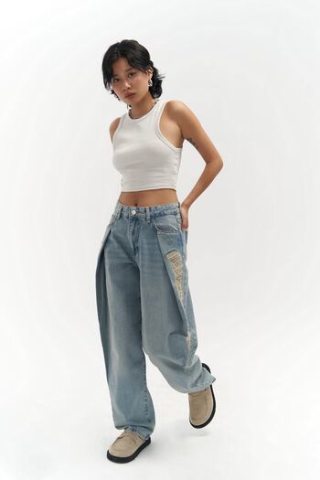 MAİ COLLECTİON Mirca Pleated Blue Jean Trousers