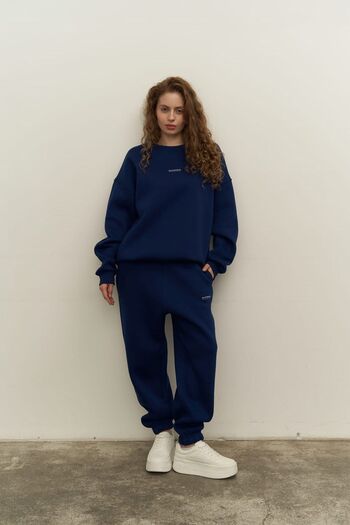 MAİ COLLECTİON Mini Bike Navy Blue Crew Neck Tracksuit Set