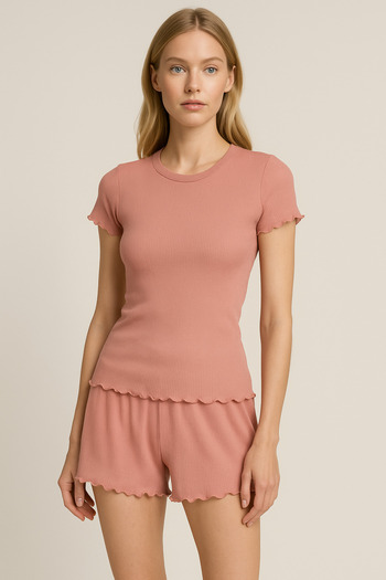 HNX Mink Cotton Corded Short Sleeve T-Shirt and Shorts Women's Pajama Set