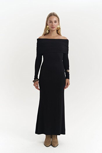 MAİ COLLECTİON Afro Carmen Collar Black Long Dress