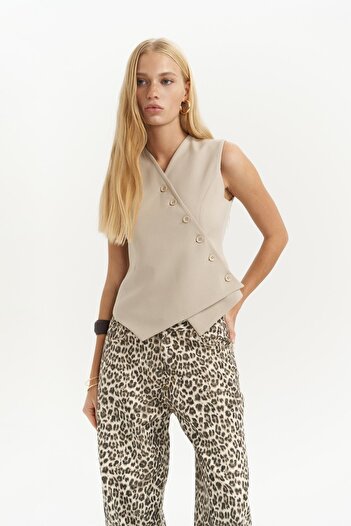 MAİ COLLECTİON Trappe Light Beige Asymmetrical Vest