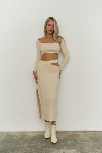 MAİ COLLECTİON Sabrina Beige Knitwear Skirt-crop Set
