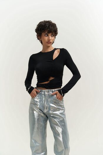 MAİ COLLECTİON Mira Gather Detail Black Long Sleeve Blouse