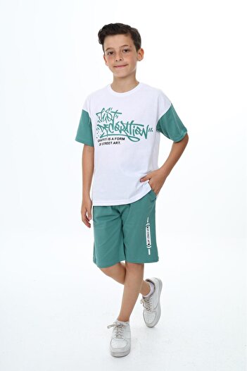 TRENDİMİZBİR Boy's Text Printed Short Sleeve Shorts Set