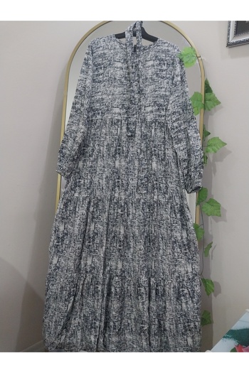 Dagü Design Women's Hijab Ruffled Patterned Gray, Ecru Viscose Long Dress