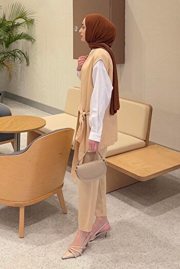 lamelif Lacing Detailed Vest-Pants Hijab Suit Mink Color