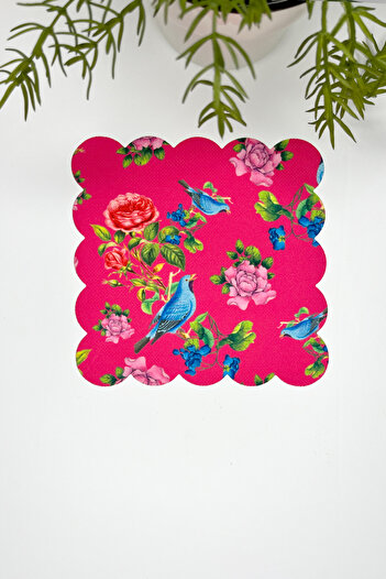 DECO Fuchsia Vanilla Bird and Flower Patterned Digital Printed, Laser Cut Edge Decorative Cocktail Napkins