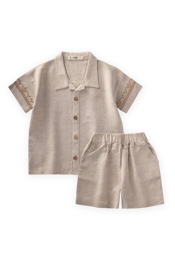 Cigit Embroidered Sleeves Shirt Shorts Linen Set 2-7 Years Natural