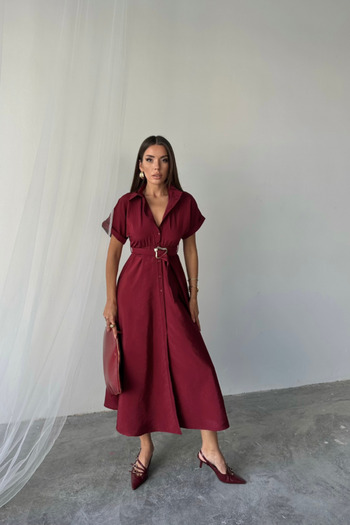 TUA MODA Tua Moda Front Buttoned Crushli Modal Dress - Burgundy