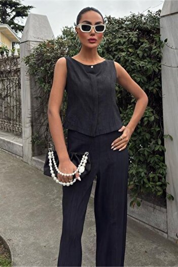 ESSE BUTİK Mrpurple Zero Sleeve Blouse Tie-Dye Patterned Pants Two-Piece Suit 10181-08
