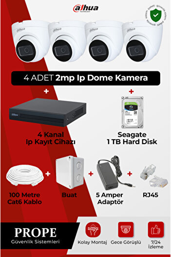 DAHUA 4 ADET 2MP IP KAMERA DOME GECE GÖRÜŞLÜ+4 KANAL IP KAYIT CİHAZI+1TB HARD DİSK 100 METRE CAT6 KABLO