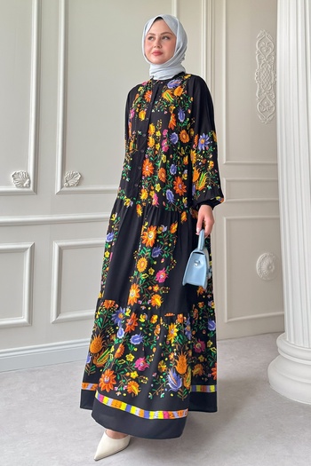 InStyle Mixed Tropical Pattern Black Viscose Dress