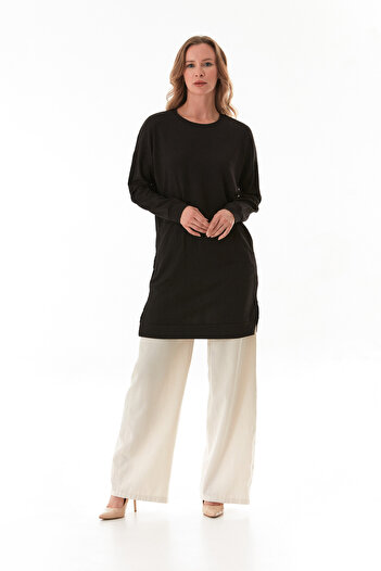 Fulla Moda Bürümcük Fabric Crew Neck Tunic with Slits on the Sides