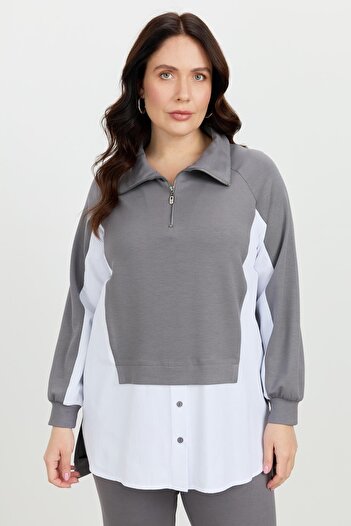 accort Büyük Beden Fermuar Yaka Sweatshirt-K.GRİ