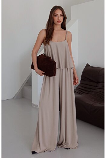 Laluvia Beige Strappy Blouse Trousers Set - 51052