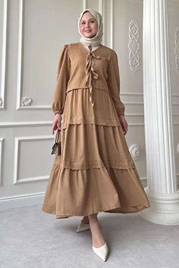 InStyle Crepe Camel Suit with Ribbon Lace Detail Skirt