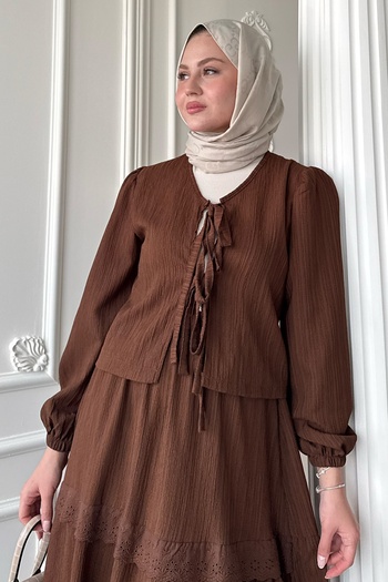 InStyle Kurdeleli Dantel Detay Etekli Krep Acı Kahve Takım