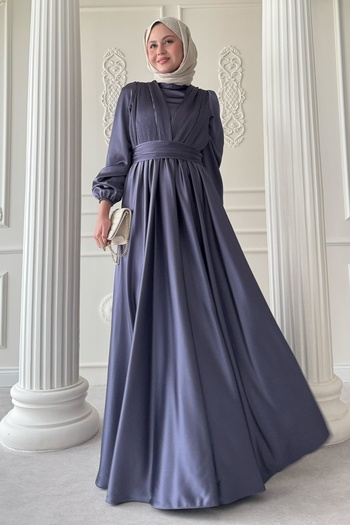 InStyle Cross Patterned Pleated Anthracite Satin Dress