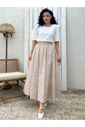 KÜÇÜĞÜM BUTİK Cream Purple Floral Poplin Flared Skirt
