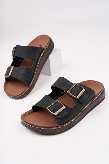 McDark Men's Black Faux Leather Double Buckle Orthopedic Slippers