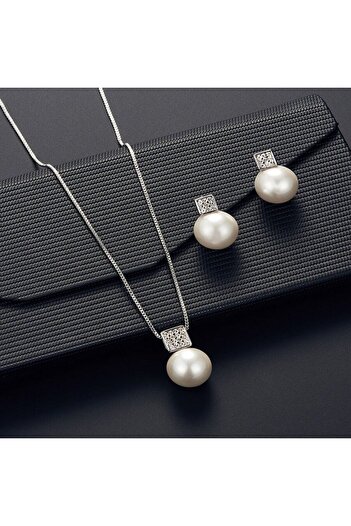 Choice AMS80045 2 PCS Imitation Pearl Pendant Women Necklace Earring Stud Set Silver Color Snake Chain Squa