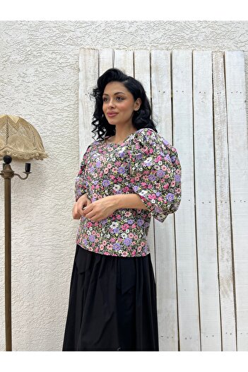 KÜÇÜĞÜM BUTİK Lilac Black Multi Floral Balloon Sleeve Blouse