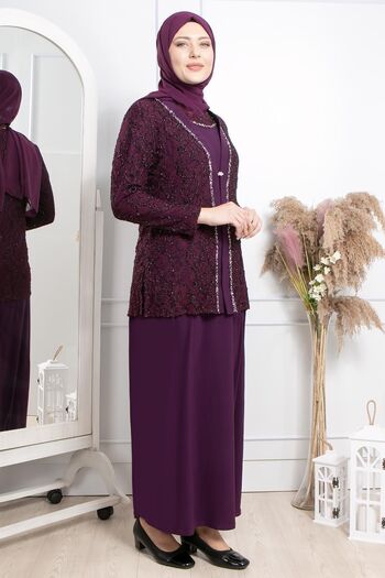 SUBU TASARIM Embroidered Jacket Detailed Evening Dress Suit Plum Tbsmda2306
