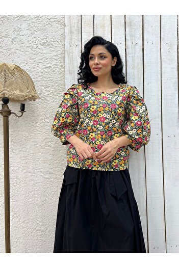 KÜÇÜĞÜM BUTİK Orange Black Multi Floral Balloon Sleeve Blouse