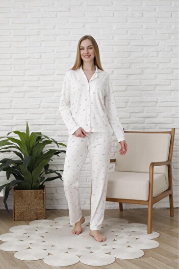 Espuar 776 Floral Print Length Buttoned Shirt Collar Women's Pajamas Set