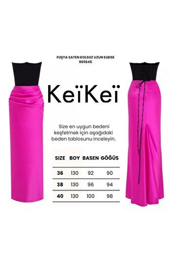 Keikei Fuşya saten kolsuz uzun elbise