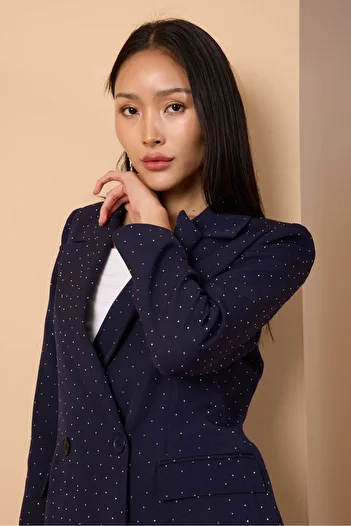 Bolivente Navy Blue Regular Woven Lined Blazer Jacket with Stone Detail