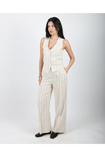 deqfashion Women's Beige Black Striped Linen Vest Palazzo Trousers Double Set