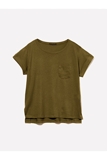 Sisley Women's Dark Khaki 100% Cotton Wide Crew Neck Slim Fit Plain T-Shirt