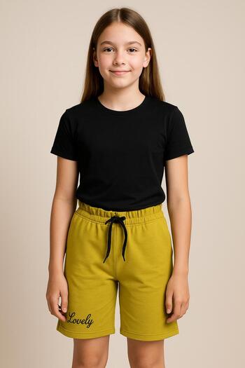 Babix Girl's Lovely Written Elastic Waist Combed Cotton Summer Capri - Mustard Yellow