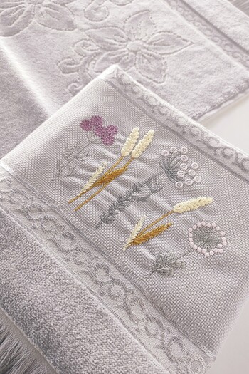 Sevim 2 Pack Embroidered Jacquard Velvet Hand Face Towels - 100% Cotton - Gray