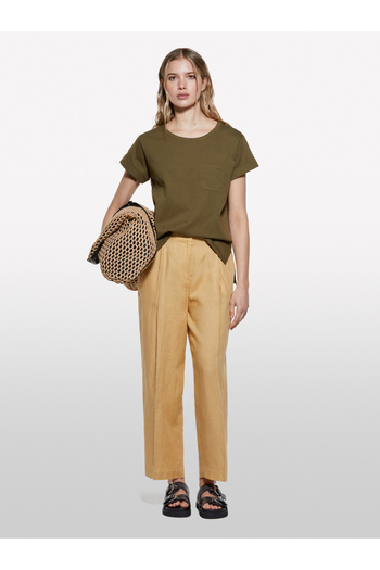 Sisley Women's Dark Khaki 100% Cotton Wide Crew Neck Slim Fit Plain T-Shirt