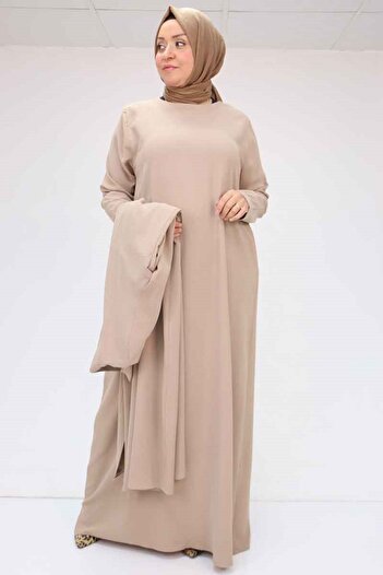 Eslina 57210 Large Size Color Garni Detailed Abaya Suit - Mink