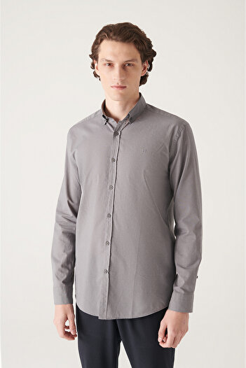 Avva Men's Anthracite 100% Cotton Thin Soft Touch Button-Down Collar Shirt E002206
