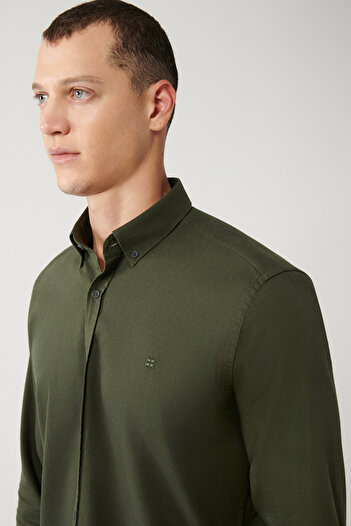 Avva Men's Dark Green Button Collar 100% Cotton Corduroy Shirt E 002004