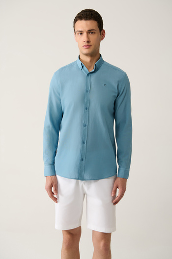 Avva Herren-Hemd in Indigo, 100 % Baumwolle, dünn, weich, mit Knopfkragen, E 002206