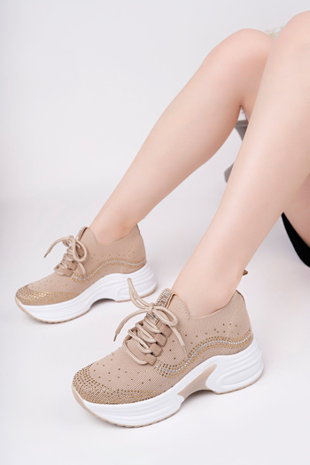 McDark Women's Beige Hidden Heel Stone Comfortable High Sole Knitwear Sneaker Shoes