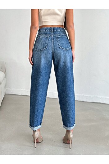 Denim Kadın Boyfriend Fit Jeans Paça Katlamalı Balon Kot Pantolon
