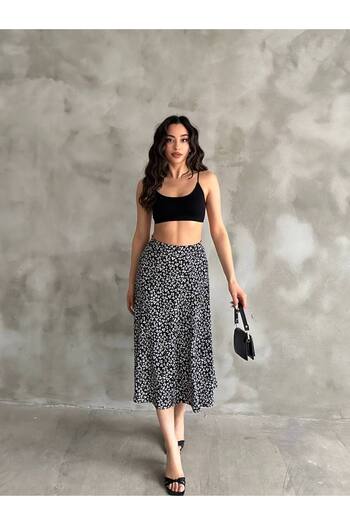REELMODA Fusta de vară, elastică, elegantă, cu model negru
