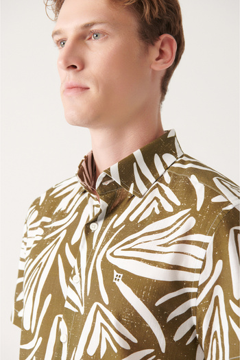 Avva Men's Khaki 100% Cotton Printed Short Sleeve Shirt A31Y2240