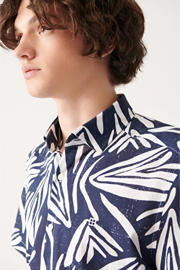 Avva Men's Navy Blue 100% Cotton Printed Short Sleeve Shirt A31Y2240