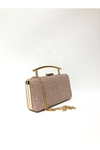 womenacs Powder Rose Color Big Stone Evening Dress Clutch Portfolio Hand Wedding Engagement Henna Women's Evening Bag (with Strap)