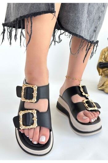 BESKAR Jalli Black Skin Slippers