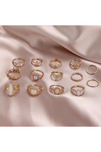 Takıtolia Maven - 14 Pieces Pearlescent Moon Stone Stylish Design Vintage Multiple Gold Gold Ring Set
