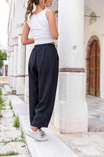 bacc Women's Black Muslin Elastic Waist Pocket Casual Trousers Bcbsk-25700-3416